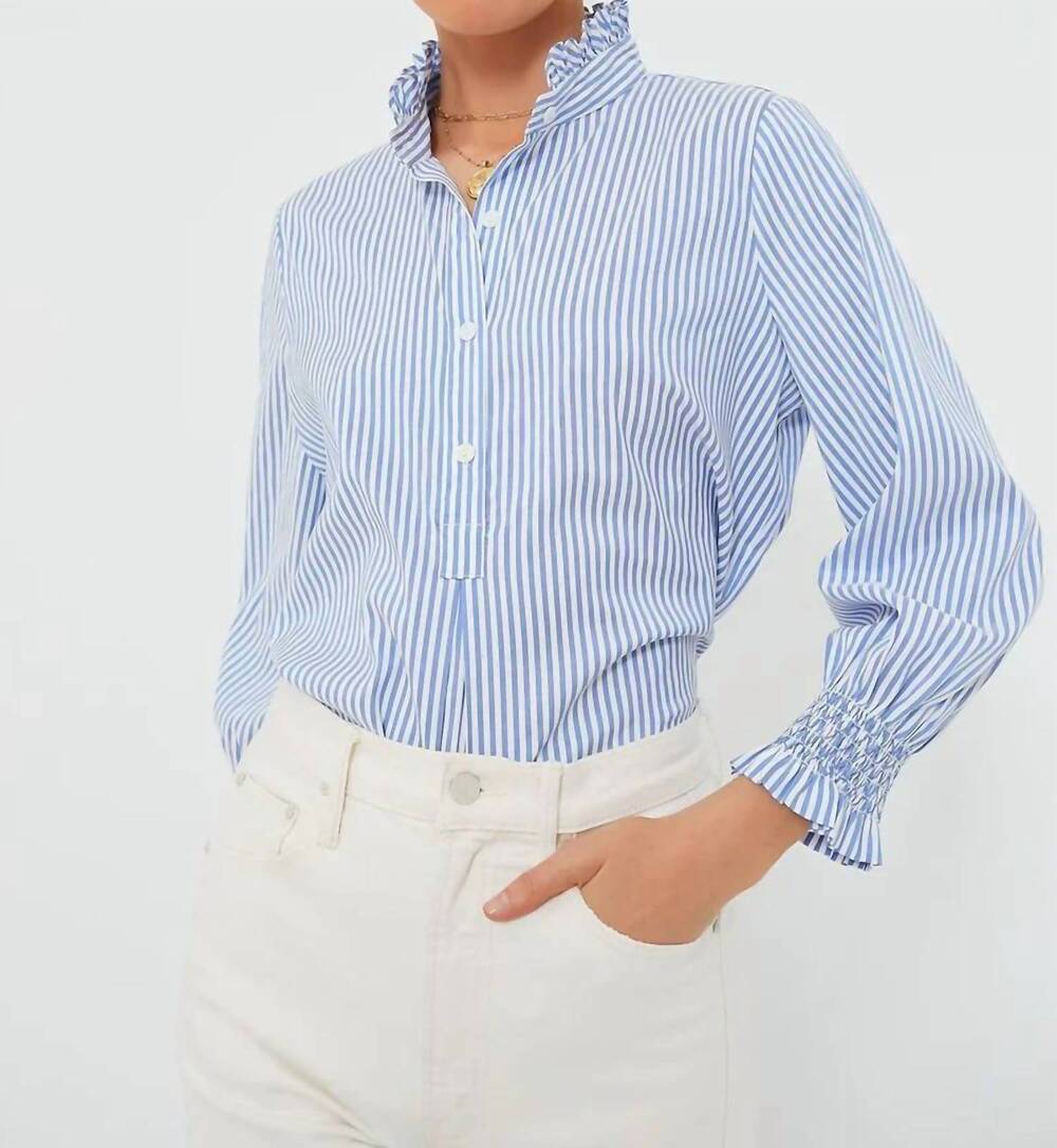 NEW FATE women's stripe pattern ruffled stand collar top in blue